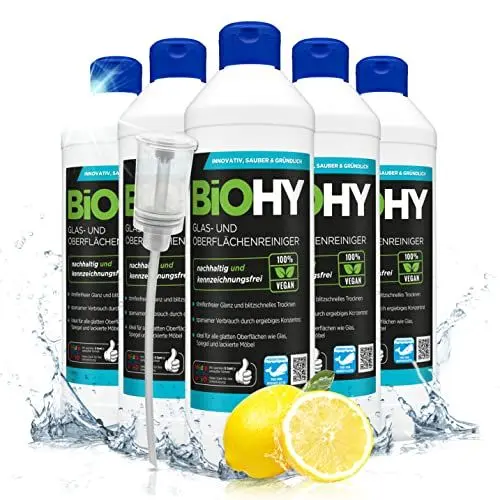 Produktbild: BiOHY Glas- und Oberflächenreiniger (6 x 500ml) + Dosierer | Glasreiniger Konzentrat für streifenfreien Glanz | ergiebiger Glas & Kunststoffreiniger | Fettlöser & Kalkreiniger