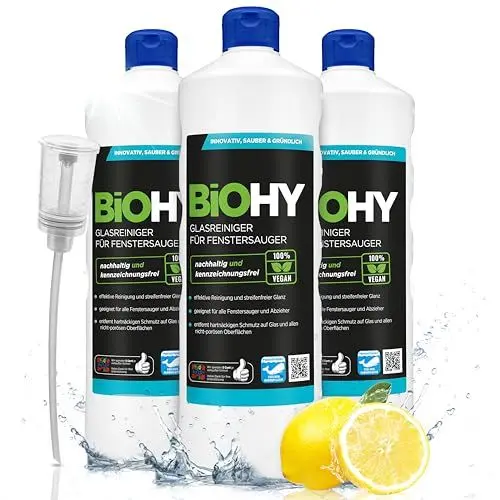 Produktbild: BiOHY Glasreiniger für Fenstersauger (3 x 1 Liter) + Dosierer | Fensterreiniger Konzentrat für alle Fenstersauger | Bio Reinigungsmittel sorgt für streifenfreien Glanz | Glasreiniger