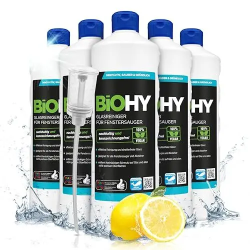 Produktbild: BiOHY Glasreiniger für Fenstersauger (6 x 1 Liter) + Dosierer | Fensterreiniger Konzentrat für alle Fenstersauger | Bio Reinigungsmittel sorgt für streifenfreien Glanz | Glasreiniger