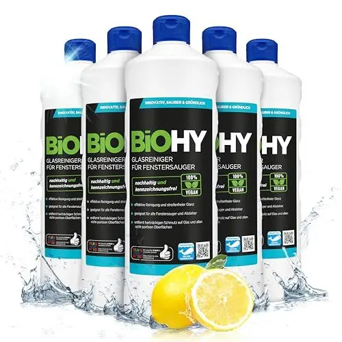 Produktbild: BiOHY Glasreiniger für Fenstersauger (6 x 1 Liter) | Fensterreiniger Konzentrat für alle Fenstersauger | Bio Reinigungsmittel sorgt für streifenfreien Glanz | Glasreiniger | Fensterputzmittel