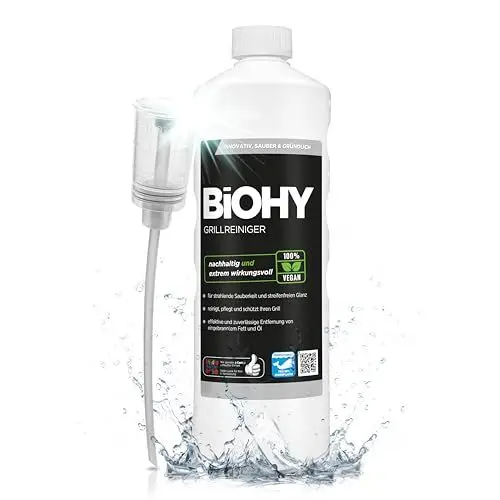 Produktbild: BiOHY Grillreiniger (1l Flasche) + Dosierer | Reiniger für Holzkohle-, Gas- und Elektrogrill | Hocheffektiv gegen angebranntes Fett und Öl | Pflegt und schont das Material | Veganes Bio Konzentrat