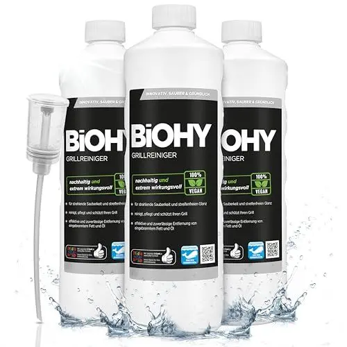 Produktbild: BiOHY Grillreiniger (3 x 1 Liter) + Dosierer | Reiniger für Holzkohle-, Gas- und Elektrogrill | Hocheffektiv gegen angebranntes Fett und Öl | Pflegt und schont das Material | Veganes Bio Konzentrat