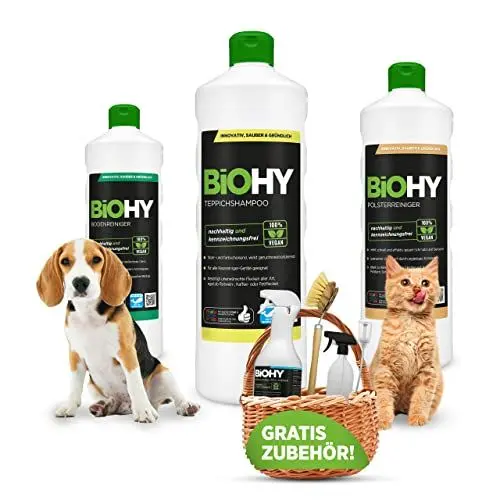 Produktbild: BiOHY Happy-Haustier-Set + Zubehör | Geruchsneutralisierer | Teppich- | Polster- | Bodenreiniger | Sprühflasche |Spülbürste | Dosierer | nachhaltig & sauber | effektive Reinigungsmittel | kraftvoll