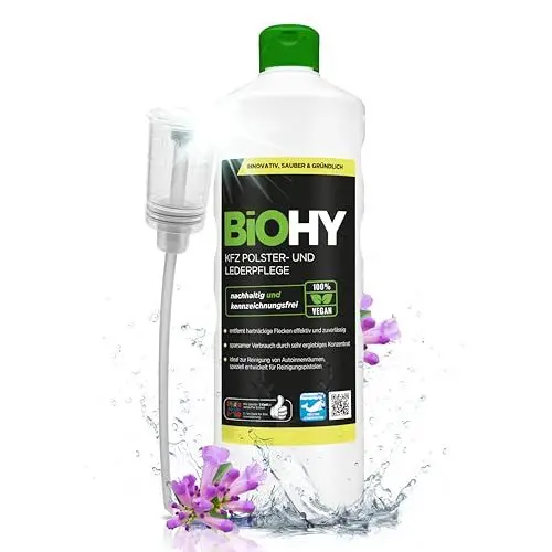 Produktbild: BIOHY KFZ Polster- & Lederpflege (1l Flasche) + Dosierer | KFZ- Innenraum Aufbereitung & Lederpflege | hinterlässt angenehmen Geruch | Fleckenentferner für Autositze | ideal für Reinigungspistolen