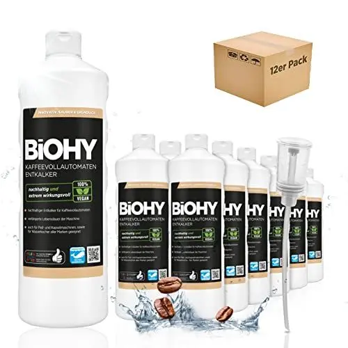 Produktbild: BiOHY Kaffeevollautomaten Entkalker (12 x 1 Liter) + Dosierer | Flüssiger Entkalker für Kaffeemaschinen & Wasserkocher | effektiver Kalklöser für alle Marken | mit allen Geräten kompatibel