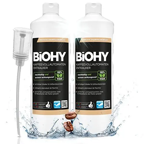 Produktbild: BiOHY Kaffeevollautomaten Entkalker (2 x 1 liter) + Dosierer | Flüssiger Entkalker für Kaffeemaschinen & Wasserkocher | effektiver Kalklöser für alle Marken | mit allen Geräten kompatibel