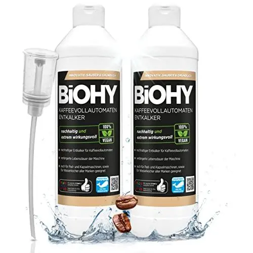 Produktbild: BiOHY Kaffeevollautomaten Entkalker (2 x 500ml) + Dosierer | Flüssiger Entkalker für Kaffeemaschinen & Wasserkocher | effektiver Kalklöser für alle Marken | mit allen Geräten kompatibel