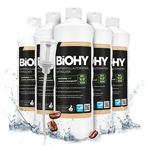 Produktbild: BiOHY Kaffeevollautomaten Entkalker (6 x 1 Liter) + Dosierer | Flüssiger Entkalker für Kaffeemaschinen & Wasserkocher | effektiver Kalklöser für alle Marken | mit allen Geräten kompatibel