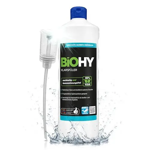 Produktbild: BiOHY Klarspüler (1l Flasche) + Dosierer | Bio Geschirrspülmittel | ideal für alle Spülmaschinen | EXTRA STARKER Fettlöser für Gastronomie & Haushalt | frischer Glanz auf Glas & Geschirr