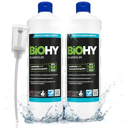 Produktbild: BiOHY Klarspüler (2 x 1 liter) + Dosierer | Bio Geschirrspülmittel | ideal für alle Spülmaschinen | EXTRA STARKER Fettlöser für Gastronomie & Haushalt | frischer Glanz auf Glas & Geschirr