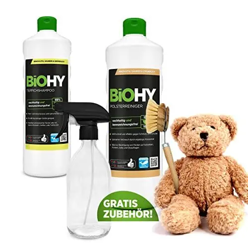 Produktbild: BiOHY Kuschelweich-Set + Zubehör | Polsterreiniger | Teppichreiniger | Sprühflasche | Spülbürste | nachhaltig & sauber | effektive Reinigungsmittel | blitzschnelle Wirkung | kraftvolles Konzentrat