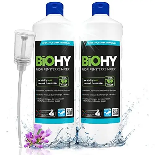 Produktbild: BiOHY Profi Fensterreiniger (2 x 1 liter) + Dosierer | Glasreiniger Konzentrat | für Fenstersauger geeignet | streifenfreie Reinigung von Glas-, Fenster- & Spiegelflächen | ideal für Haushalt & Auto