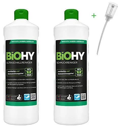 Produktbild: BiOHY Reinigungs-Set | Ultraschallreiniger 1 Liter Flasche | Schmuckreiniger 1 Liter Flasche | Inklusive Dosierer Dosierer zur vereinfachten Mengenanwendung
