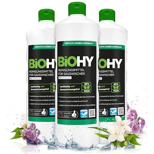 Produktbild: BiOHY Reinigungsmittel für Saugwischer mit Frühlingsduft (3 x 1 Liter) | 1:200 Konzentrat für alle Nass-Trockensauger | ideal für Fliesen, PVC, Parkett, Laminat & Teppich | streifenfreier Glanz