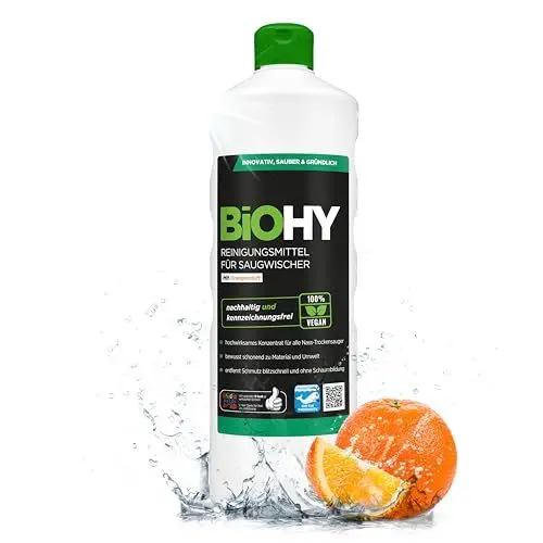 Produktbild: BiOHY Reinigungsmittel für Saugwischer mit Orangenduft (1l Flasche) | 1:200 Konzentrat für alle Nass-Trockensauger | ideal für Fliesen, PVC, Parkett, Laminat & Teppich | streifenfreier Glanz