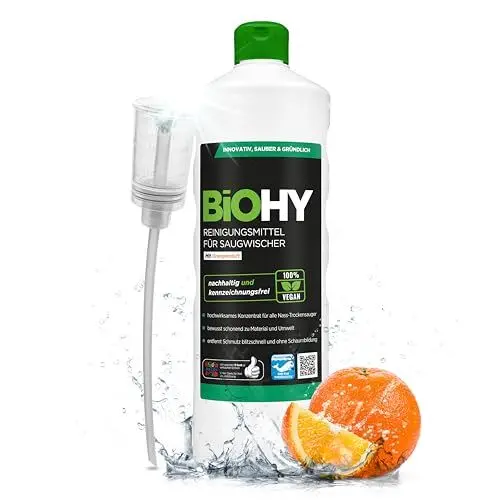 Produktbild: BiOHY Reinigungsmittel für Saugwischer mit Orangenduft (1l Flasche) + Dosierer | 1:200 Konzentrat für alle Nass-Trockensauger | ideal für Fliesen, PVC, Parkett, Laminat & Teppich | streifenfrei