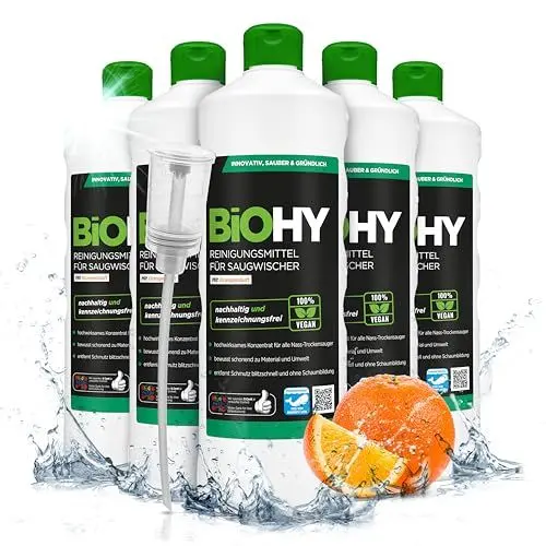 Produktbild: BiOHY Reinigungsmittel für Saugwischer mit Orangenduft (6 x 1 Liter) + Dosierer | 1:200 Konzentrat für alle Nass-Trockensauger | ideal für Fliesen, PVC, Parkett, Laminat & Teppich | streifenfrei