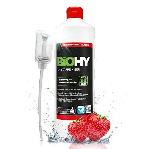 Produktbild: BiOHY Sanitärreiniger (1l Flasche) + Dosierer | Bio Kalklöser Konzentrat für den Sanitärbereich | EXTRA STARKER Badreiniger gegen Urin | befreit Dusche & WC von Kalk & Schmutz