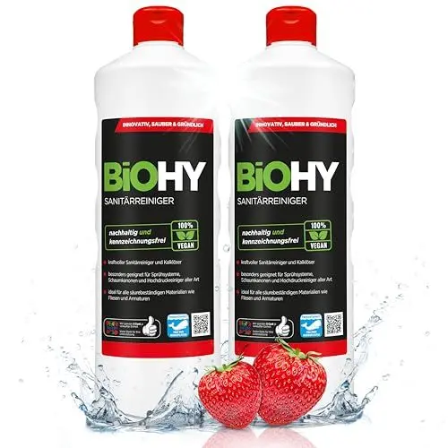 Produktbild: BiOHY Sanitärreiniger (2 x 1 liter) | Bio Kalklöser Konzentrat für den Sanitärbereich | EXTRA STARKER Badreiniger gegen Urin | befreit Dusche & WC von Kalk & Schmutz | frischer Erdbeer-Duft