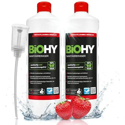 Produktbild: BiOHY Sanitärreiniger (2 x 1 liter) + Dosierer | Bio Kalklöser Konzentrat für den Sanitärbereich | EXTRA STARKER Badreiniger gegen Urin | befreit Dusche & WC von Kalk & Schmutz