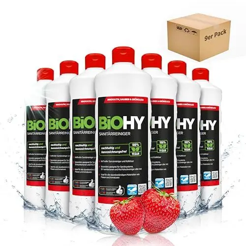 Produktbild: BiOHY Sanitärreiniger (6 x 1 Liter) | Bio Kalklöser Konzentrat für den Sanitärbereich | EXTRA STARKER Badreiniger gegen Urin | befreit Dusche & WC von Kalk & Schmutz | frischer Erdbeer-Duft