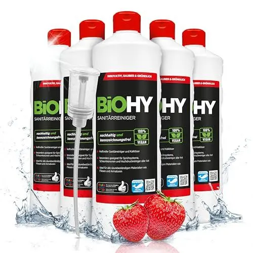 Produktbild: BiOHY Sanitärreiniger (6 x 1 Liter) + Dosierer | Bio Kalklöser Konzentrat für den Sanitärbereich | EXTRA STARKER Badreiniger gegen Urin | befreit Dusche & WC von Kalk & Schmutz
