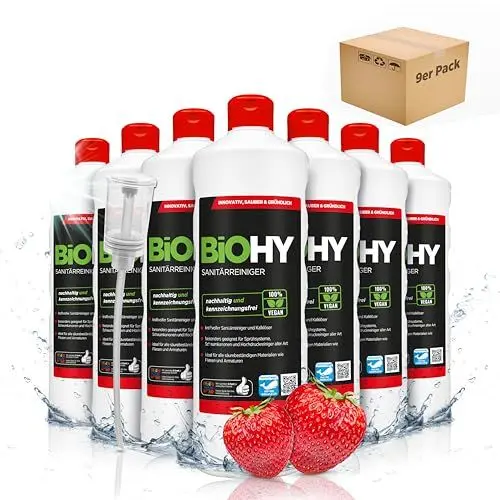Produktbild: BiOHY Sanitärreiniger (9 x 1 Liter) + Dosierer | Bio Kalklöser Konzentrat für den Sanitärbereich | EXTRA STARKER Badreiniger gegen Urin | befreit Dusche & WC von Kalk & Schmutz