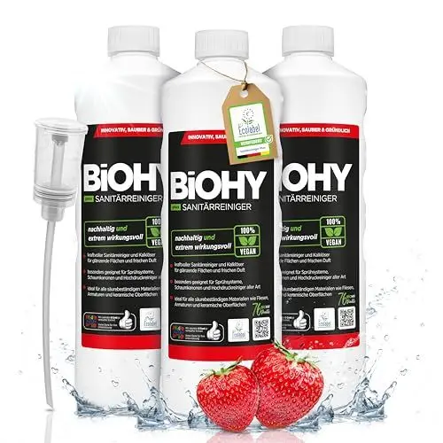 Produktbild: BiOHY Sanitärreiniger Plus (3 x 1 Liter) + Dosierer | Kalkentferner Konzentrat für Fliesen, Dusche & WC | EXTRA STARKER Badreiniger gegen Urin, Seifenreste & Schmutz | umweltfreundlich mit EU Ecolabel