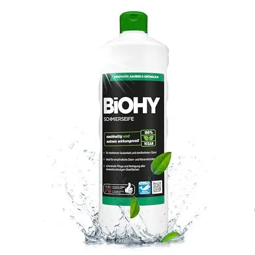 Produktbild: BiOHY Schmierseife (1l Flasche) | Konzentrat für Bodenreinigung – Wischpflege für Holz, Parkett & Fliesen | Rückfettend, extra stark & ergiebig | Flüssiger Bio-Fußbodenreiniger