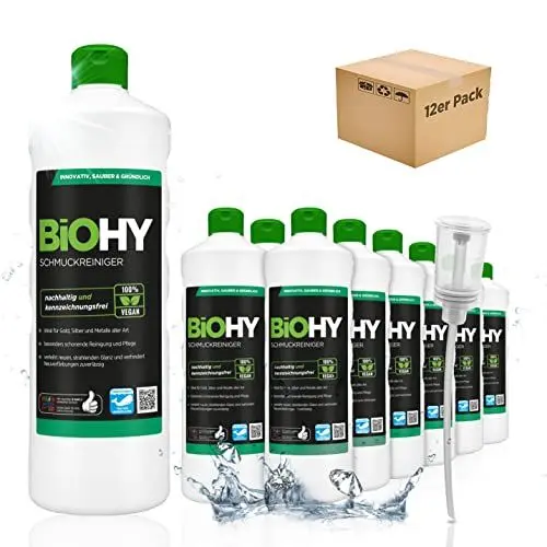 Produktbild: BiOHY Schmuckreiniger (12 x 1 Liter) + Dosierer | Aktive Glanzformel | flüssiges Konzentrat für jedes Ultraschallgerät | für Uhren, Schmuck und Edelmetalle | effektive Ultraschall Reinigung