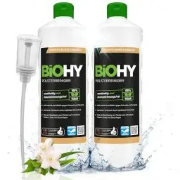 Produktbild: BiOHY Spezial Polsterreiniger (2 x 1 liter) + Dosierer | Konzentrat für Sofas, Polstermöbel, Teppiche & Textilien | für Nasssauger & Waschsauger | Fleckentferner | effektiver Textilerfrischer