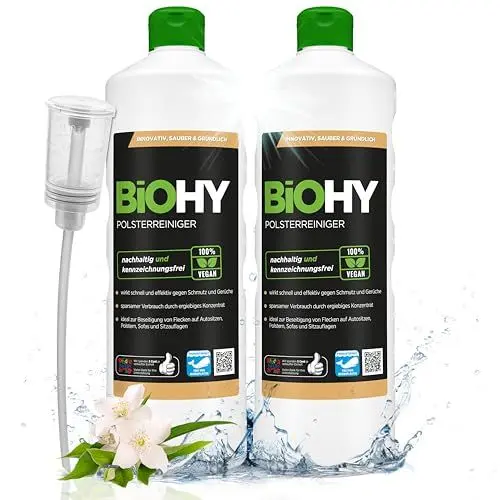 Produktbild: BiOHY Spezial Polsterreiniger (2 x 1 liter) + Dosierer | Konzentrat für Sofas, Polstermöbel, Teppiche & Textilien | für Nasssauger & Waschsauger | Fleckentferner | effektiver Textilerfrischer