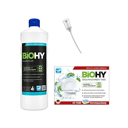 Produktbild: BiOHY Spülmaschinen Reinigungs-Set | Klarspüler 1 Liter Flasche | Spülmaschinentabs 60 Stück | Inklusive Dosierer zur vereinfachten Mengenanwendung