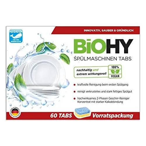 Produktbild: BiOHY Spülmaschinen Tabs (60 Tabs) | hochwirksamer 2-Phasen-Geschirr-Reiniger | Geschirrspültabs für kraftvolle Reinigung | streifenfreier Glanz | Vorratspackung