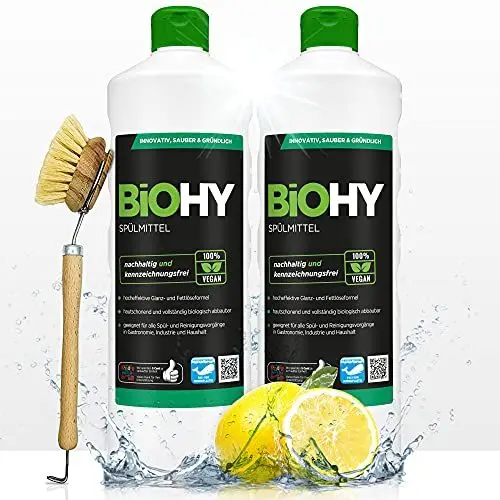 Produktbild: BiOHY Spülmittel (2 x 1 liter) + Spülbürste | Bio Geschirrspülmittel ohne schädliche Chemikalien | Flüssiger Fettlöser für frischen Glanz | ideal für Spülmittelspender | biologisch abbaubar