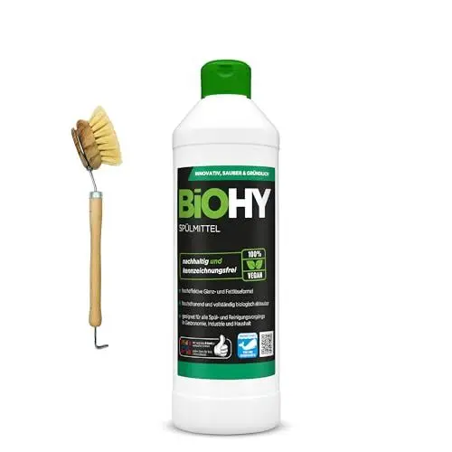 Produktbild: BiOHY Spülmittel (500 ml) + Spülbürste| Bio Geschirrspülmittel ohne schädliche Chemikalien | Flüssiger Fettlöser für frischen Glanz | ideal für Spülmittelspender | hautfreundlich & duftend