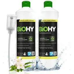 Produktbild: BiOHY Teppichshampoo (2 x 1 liter) + Dosierer | Teppichreiniger Konzentrat | ideal gegen hartnäckige Flecken | materialschonend & tierfreundlich | effektives Bio Mittel | kraftvoller Teppich Schaum