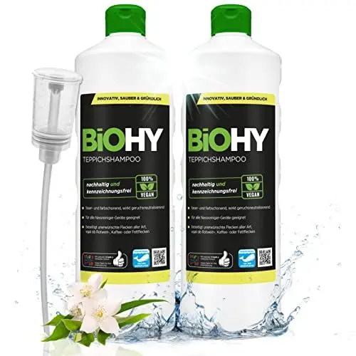 Produktbild: BiOHY Teppichshampoo (2 x 1 liter) + Dosierer | Teppichreiniger Konzentrat | ideal gegen hartnäckige Flecken | materialschonend & tierfreundlich | effektives Bio Mittel | kraftvoller Teppich Schaum