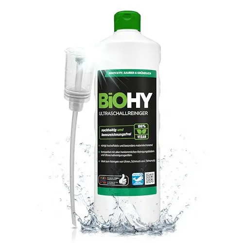 Produktbild: BiOHY Ultraschallreiniger (1l Flasche) + Dosierer | intensive und materialschonende Reinigung von Dentalprodukten, Gold, Münzen und Schmuck | KONZENTRAT für Ultraschallbad | streifenfreier Glanz