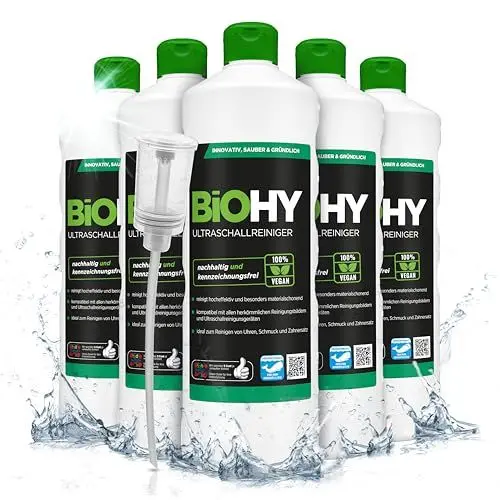 Produktbild: BiOHY Ultraschallreiniger (6 x 1 Liter) + Dosierer | intensive und materialschonende Reinigung von Dentalprodukten, Gold, Münzen und Schmuck | KONZENTRAT für Ultraschallbad | streifenfreier Glanz