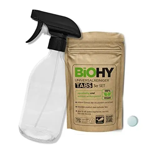 Produktbild: BiOHY Universalreiniger Putzmittel Tabs (3er-Set) + Glas Sprühflasche | nachhaltige Allzweck-Tabletten zum Auflösen | Haushaltsreiniger | mikroplastikfrei | Küchen-, Bad- & Glasreiniger