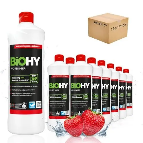 Produktbild: BiOHY WC-Reiniger (12 x 1 Liter) | Bio Toilettenreiniger mit frischem Schaum | EXTRA STARK | Badreiniger Gel wirkt effektiv gegen Kalk & Urin | säubert die Toilette blitzschnell
