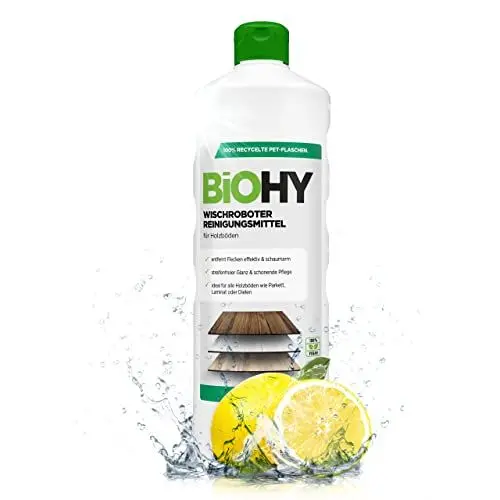 Produktbild: BiOHY Wischroboter Reinigungsmittel (1l Flasche) | Bodenreiniger Mittel für Holzböden | Laminat & Parkettpflege | streifenfreier Glanz auf wasserfestem Holz | schaumarmes Konzentrat