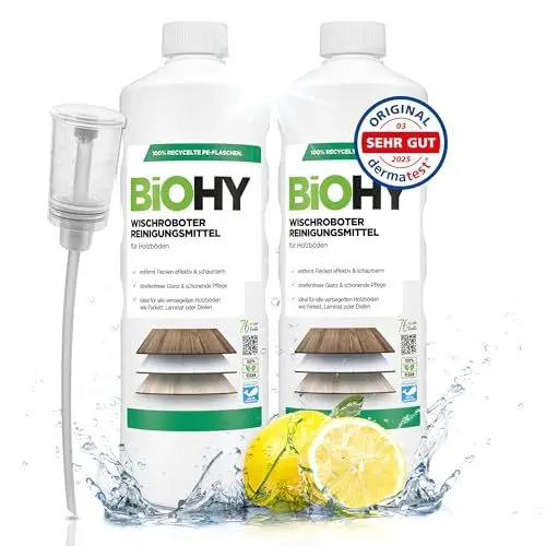 Produktbild: BiOHY Wischroboter Reinigungsmittel (2 x 1 liter) + Dosierer | Bodenreiniger Mittel für Holzböden | Laminat & Parkettpflege | streifenfreier Glanz auf wasserfestem Holz | schaumarmes Konzentrat