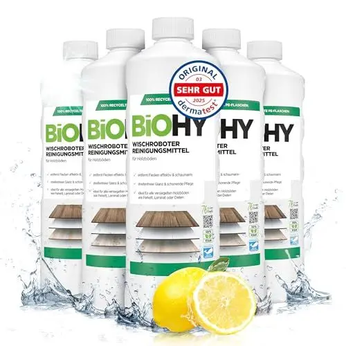 Produktbild: BiOHY Wischroboter Reinigungsmittel (6 x 1 Liter) | Bodenreiniger Mittel für Holzböden | Laminat & Parkettpflege | streifenfreier Glanz auf wasserfestem Holz | schaumarmes Konzentrat