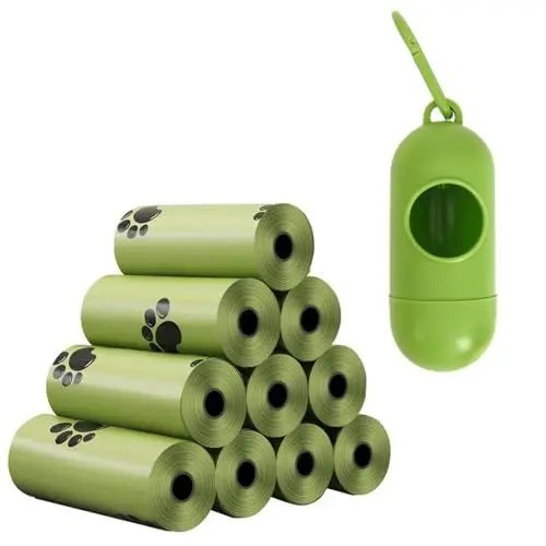 Produktbild: Biologisch abbaubare Hundekottbeutel mit tragbarem Spender Hundebeutel mit Duft – 10 Rollen (150 Beutel) 30 x 22 cm– Kompostierbar, Reißfest – Grün & Rosa