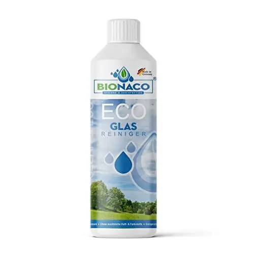 Produktbild: BIONACO ECO Glasreiniger Konzentrat, 1 Liter, starkes Fensterputzmittel für Spiegel & Glas, nachhaltiger Glasreiniger streifenfrei, entspricht höchsten ökologischen Standards, Made in Germany
