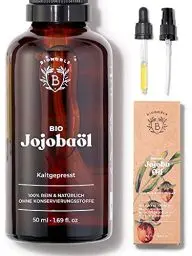 Produktbild: Bionoble Jojobaöl Bio 50ml - 100% Rein, Natürlich und Kaltgepresst - Gesicht, Körper, Haare, Bart, Nägel - Vegan und Cruelty Free - Jojoba Oil - Glasflasche + Pipette + Pumpe