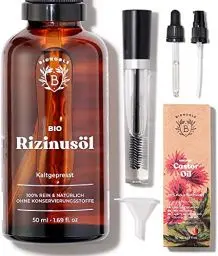 Produktbild: Bionoble Rizinusöl Bio 50ml - 100% Rein, Natürlich, Kaltgepresst - Wimpern, Augenbrauen, Haare, Nägel - Vegan, Cruelty Free - Castor Oil - Glasflasche + Pipette + Pumpe + Mascara Kit