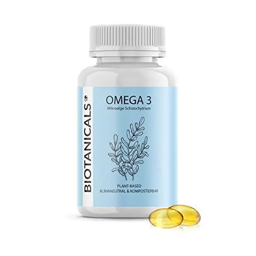 Produktbild: Biotanicals - Omega 3 Kapseln vegan (120 Stück) aus Algen, Softgelkapseln - CO2 neutral & kompostierbar, pflanzlich, DHA zu EPA in 2:1 Verhältnis - Omega 3 Fettsäuren aus Algenöl